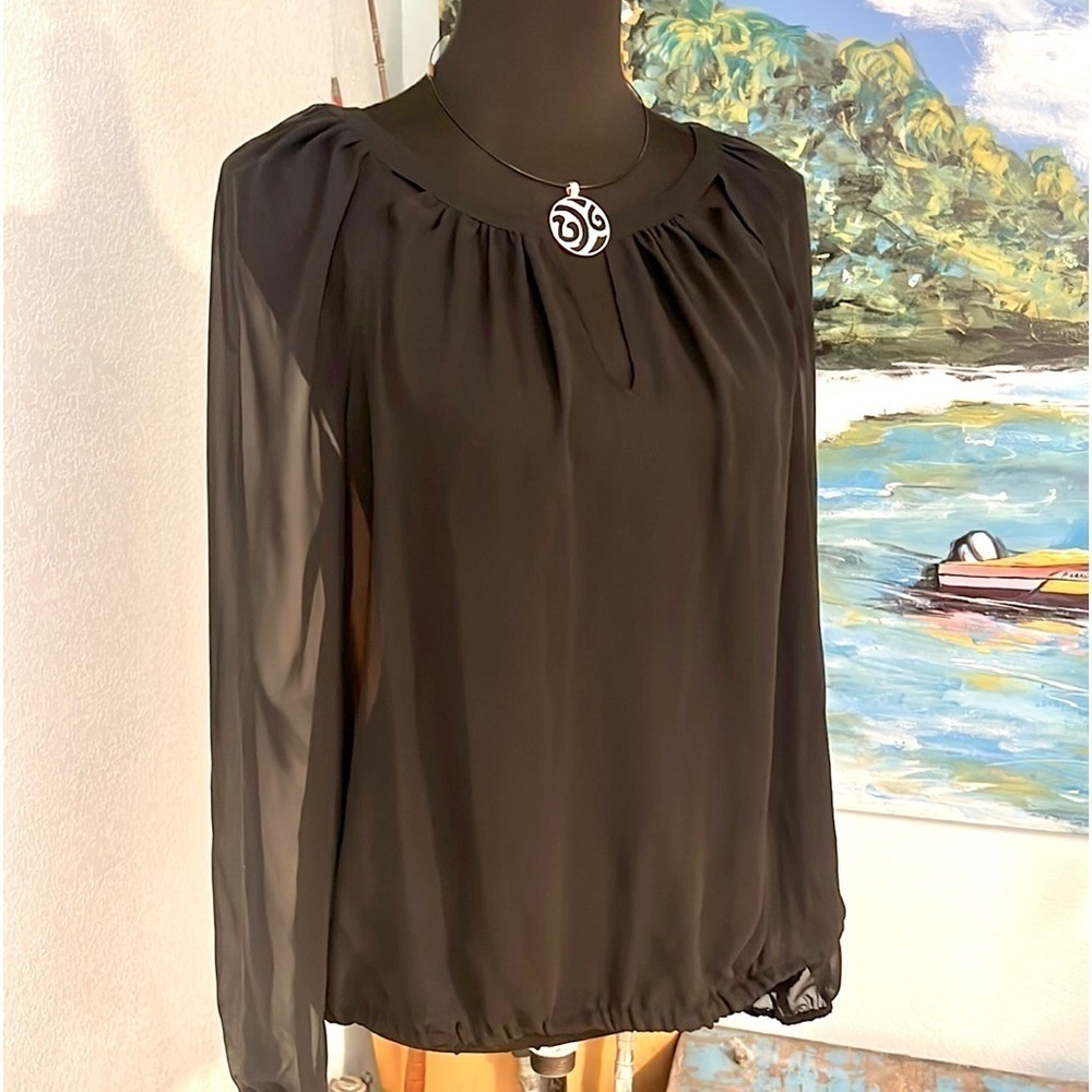 NWT,Jennifer Lopez,Gorgeous Black-Tie Sheer Blouse, Cool Metal Buckle Closure, M